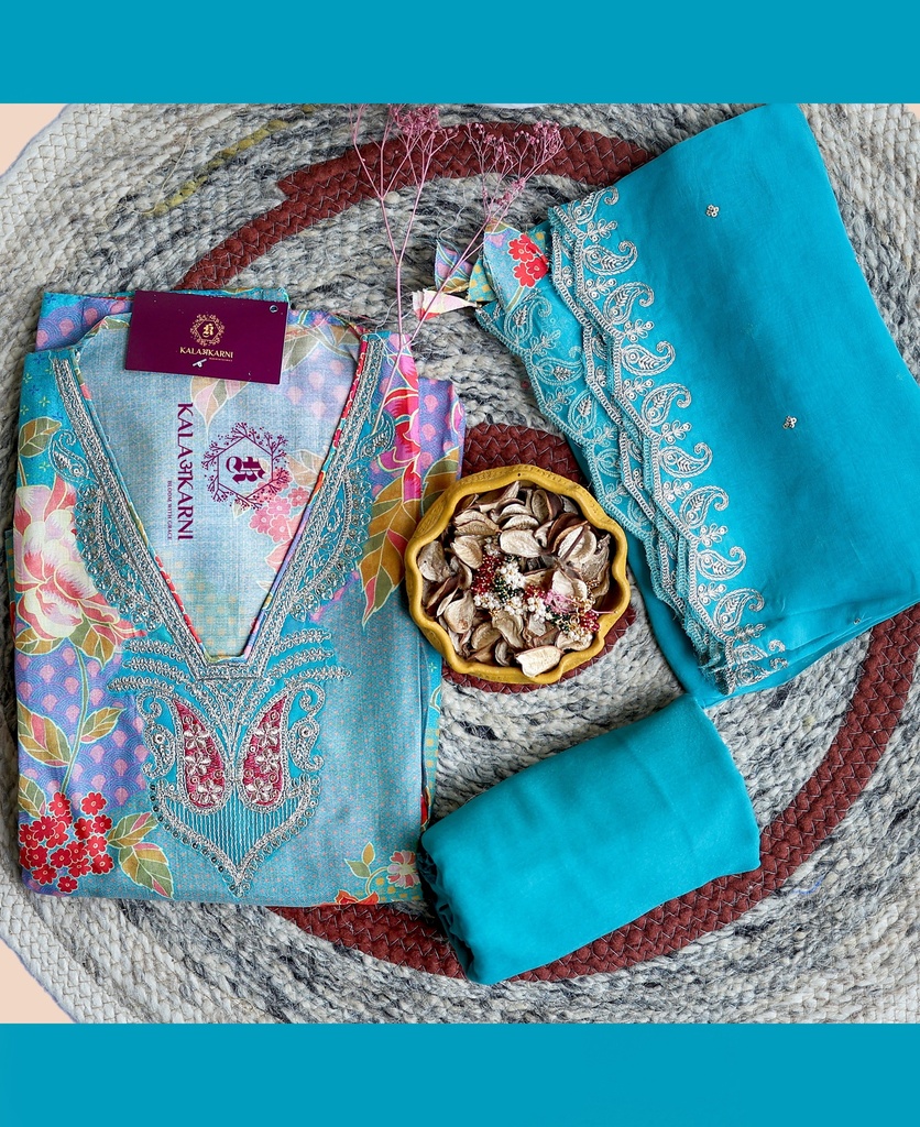 [NRK6998T] Zari Embroidery | Muslin Silk | Dress Material | Turquoise Blue
