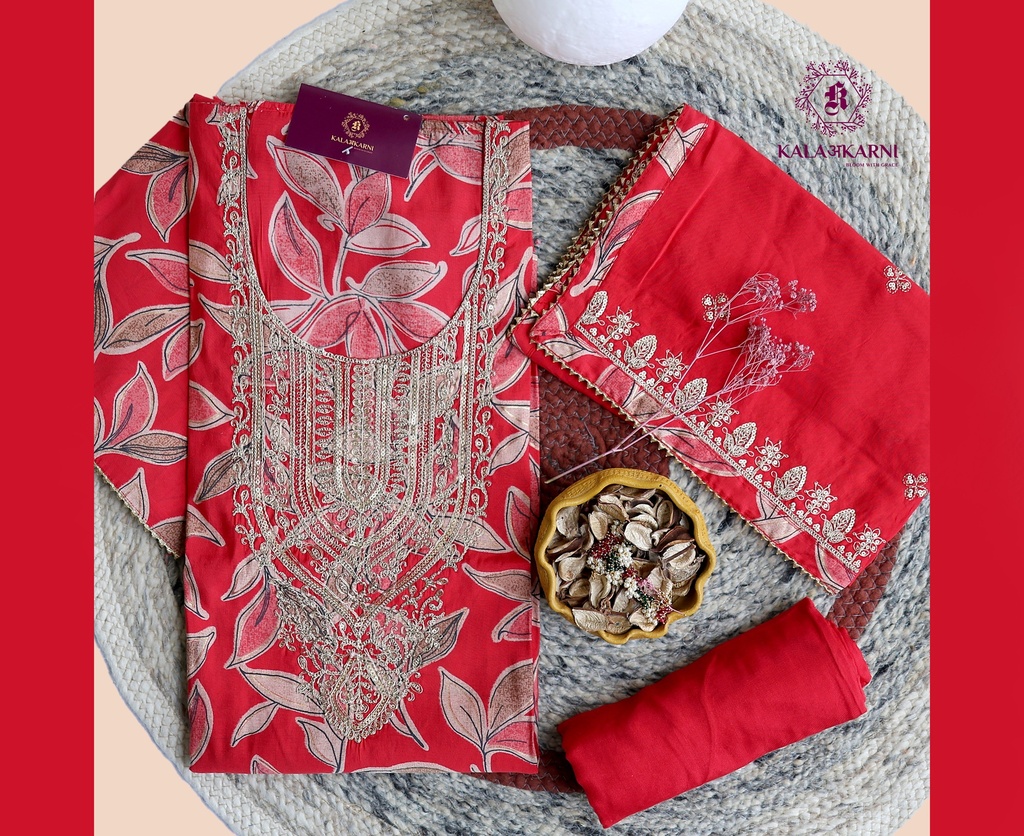 [NRK6828] Zari Embroidery | Muslin | Dress Material | Scarlet Red