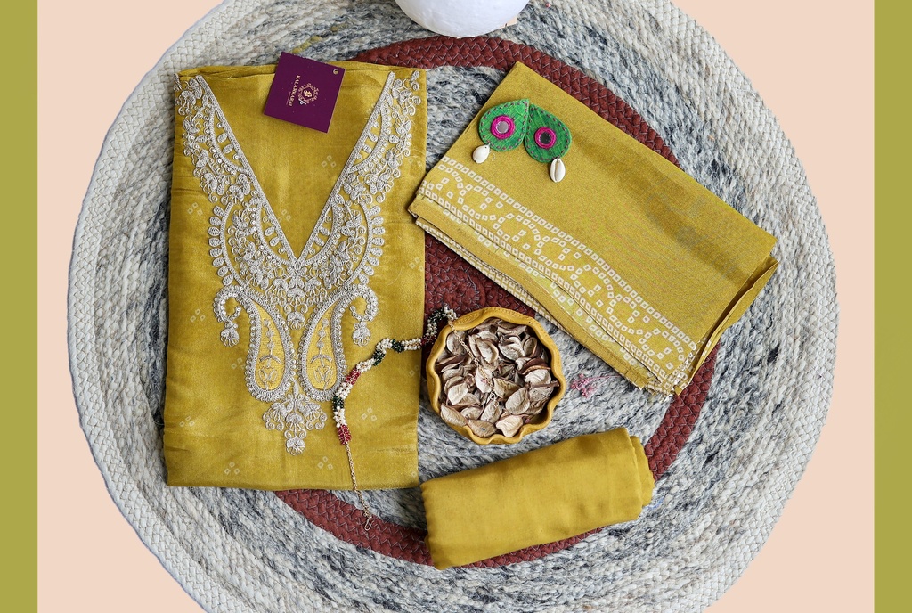[SRK7272Y] Bandhani Pattern-Zari Embroidery | Tasar Silk | Yellow