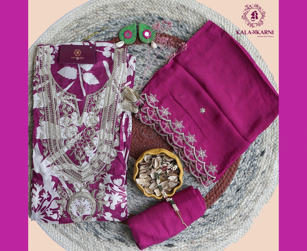 [NRK7262M]  Petals | Zari Embroidery | Chinnon Silk | Magenta