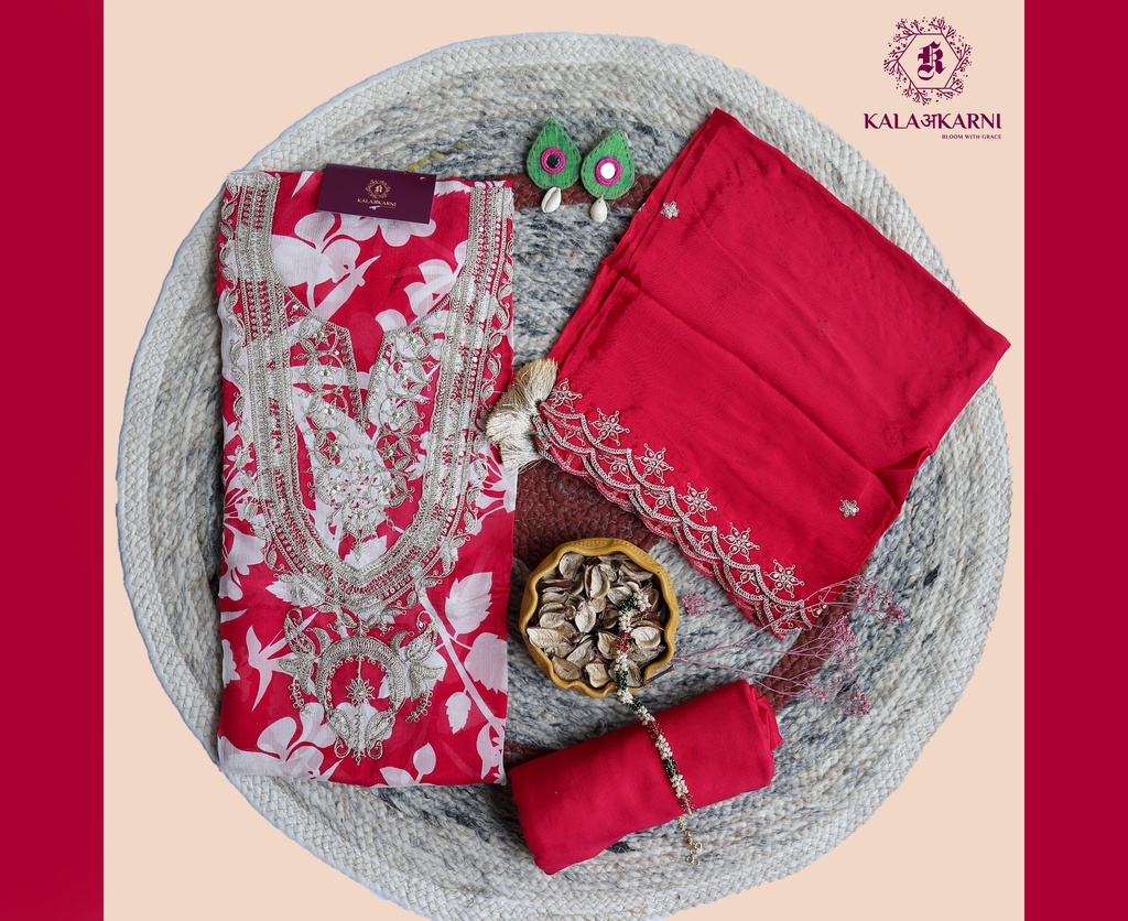[NRK7262P]  Petals | Zari Embroidery | Chinnon Silk | Hot Pink