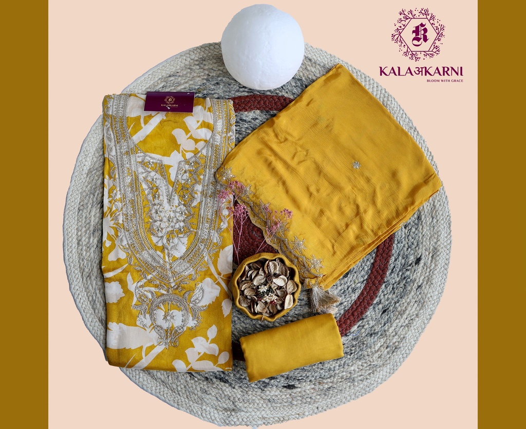 [NRK7262Y]  Petals | Zari Embroidery | Chinnon Silk | Yellow